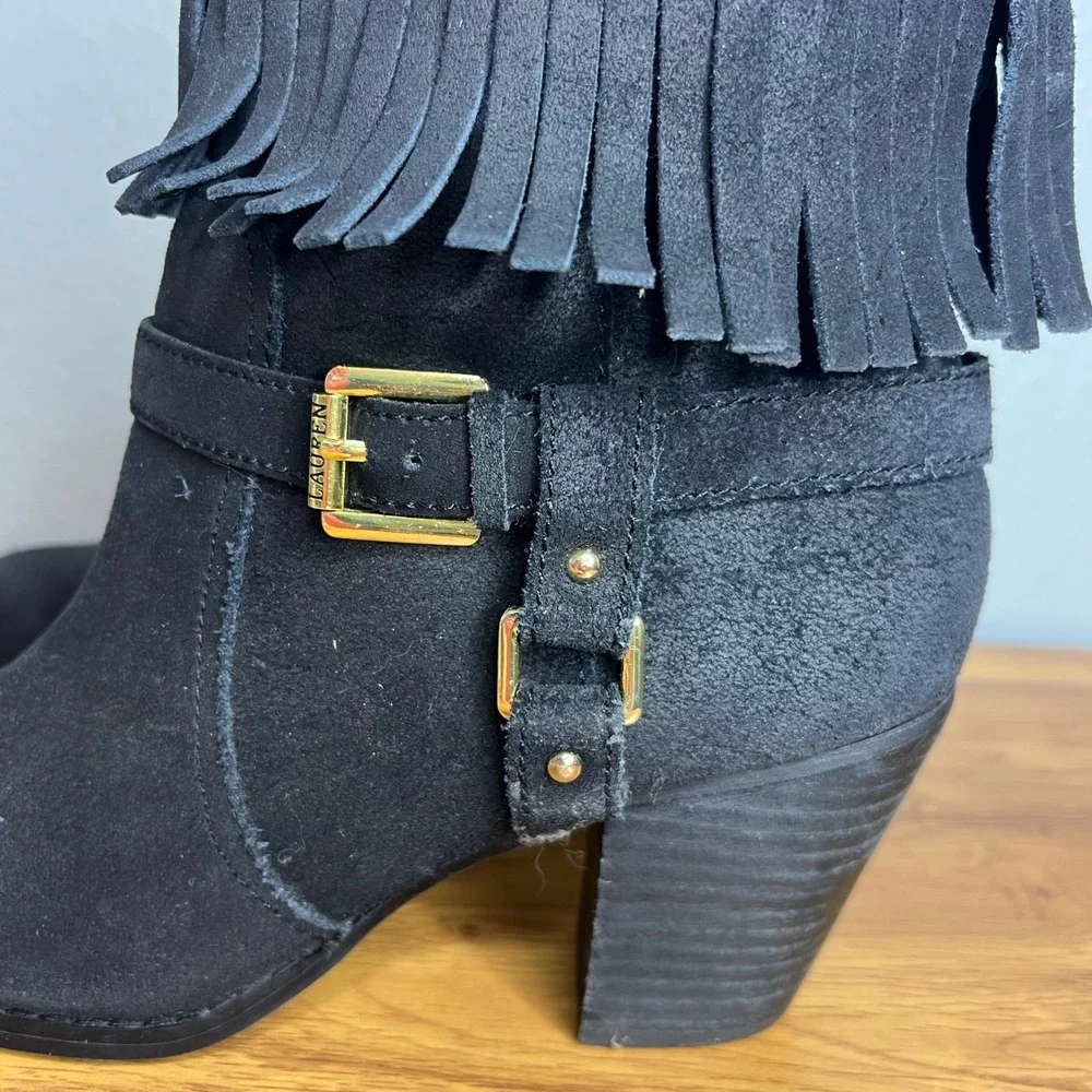 Lauren Ralph Lauren Mara Fringe Booties Sz 10 Black Leather Western Ankle Boots